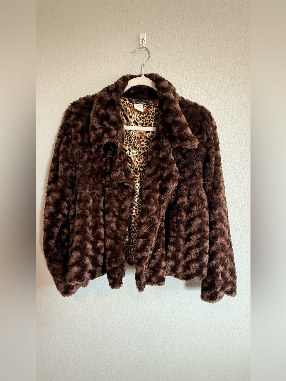 Surrealist Faux Fur Coat L Brown Leopard Lined Belted Plush mob wife Jacket